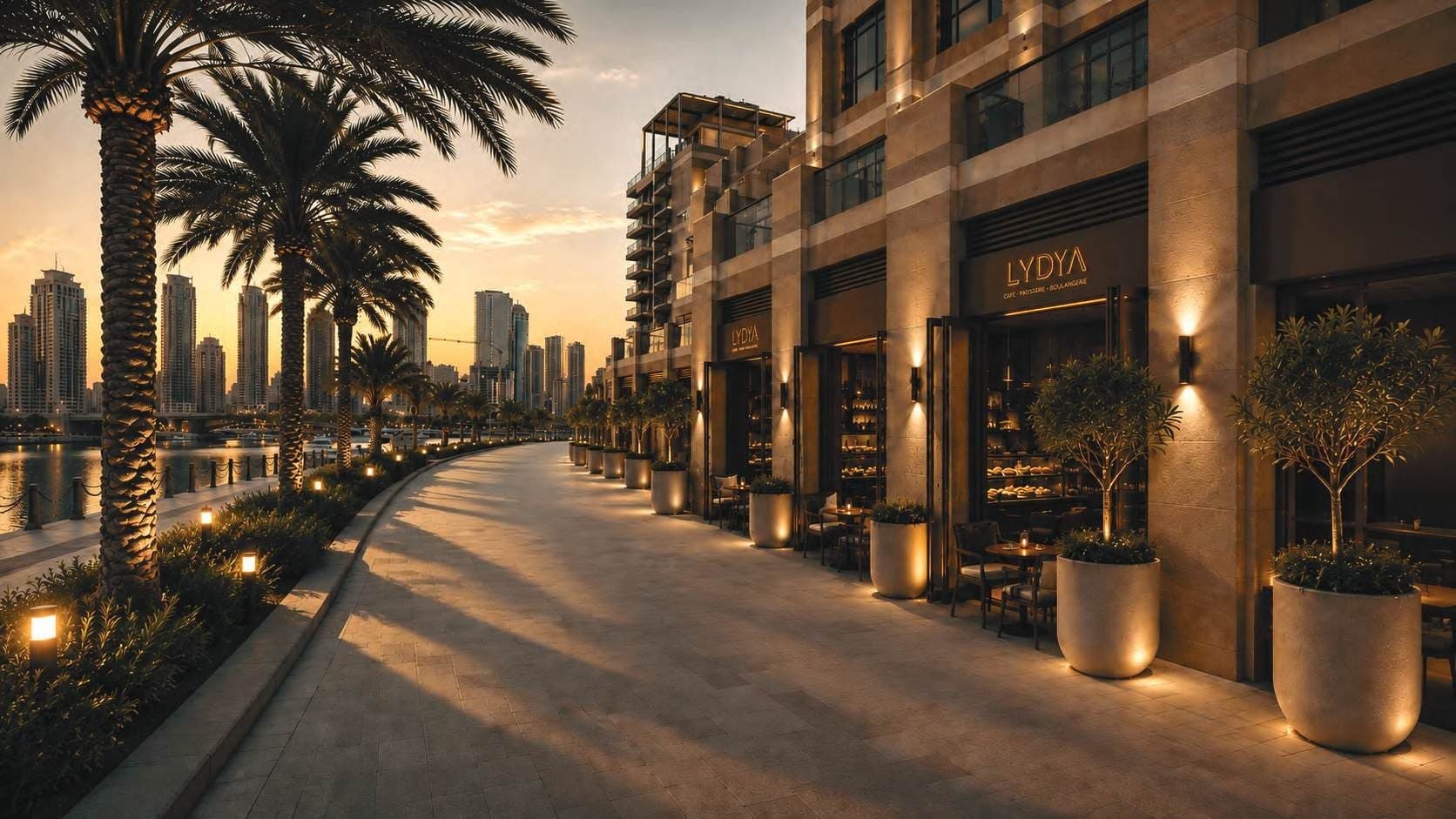 LYDYA's illuminated Mariam Island facade at sunset, palm-lined waterfront promenade